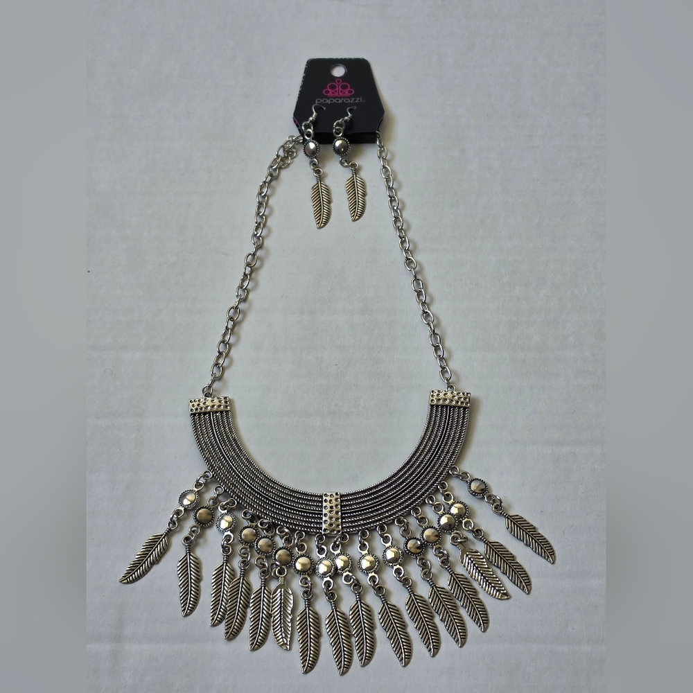 paparazzi Silver Feather Fringe Statement Necklace with Drop Earrings